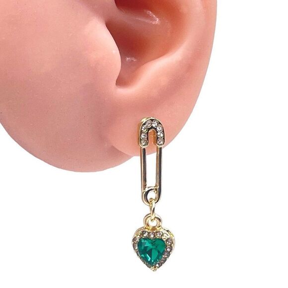 Yellow Gold with Green and White Crystal Safety Pin and Heart Post Back Earrings - Picture 7 of 7